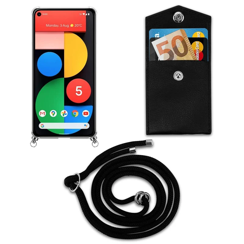 Cadorabo Handy Kette kompatibel mit Google PIXEL 5 Silikon Schutzhülle mit Silbernen Ringen, Kordel Band und abnehmbarem Etui