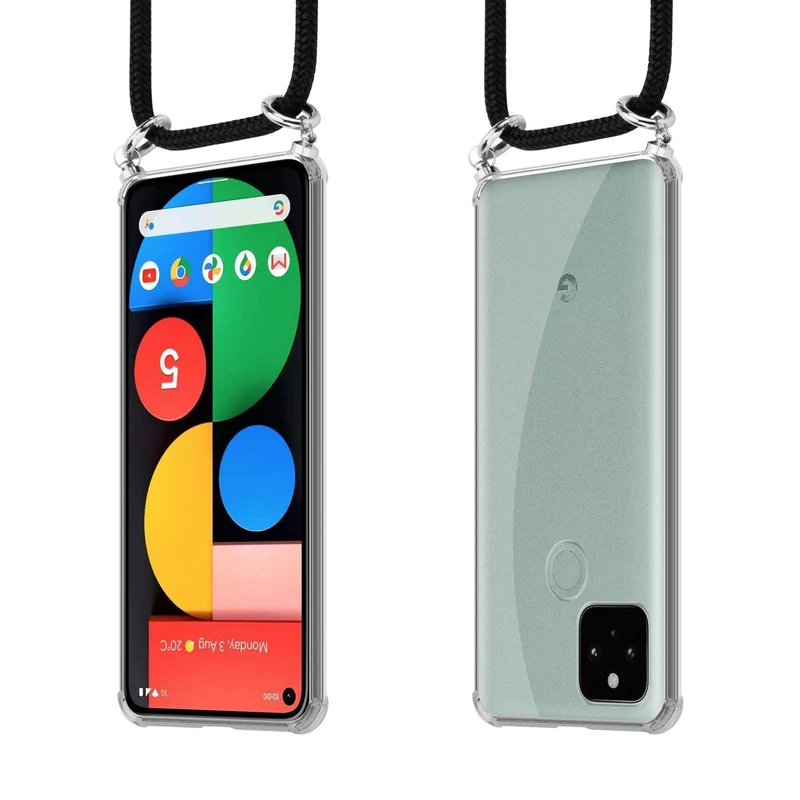 Cadorabo Handy Kette kompatibel mit Google PIXEL 5 Silikon Schutzhülle mit Silbernen Ringen, Kordel Band und abnehmbarem Etui