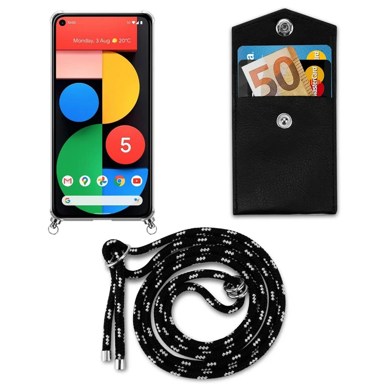 Cadorabo Handy Kette kompatibel mit Google PIXEL 5 Silikon Schutzhülle mit Silbernen Ringen, Kordel Band und abnehmbarem Etui