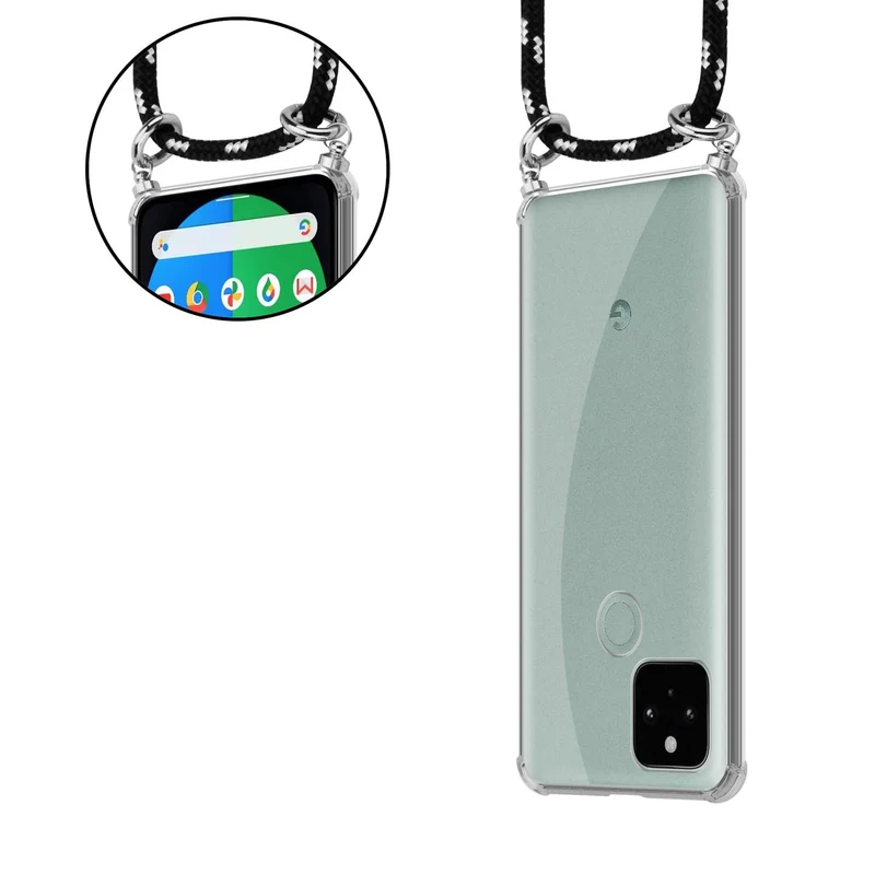 Cadorabo Handy Kette kompatibel mit Google PIXEL 5 Silikon Schutzhülle mit Silbernen Ringen, Kordel Band und abnehmbarem Etui