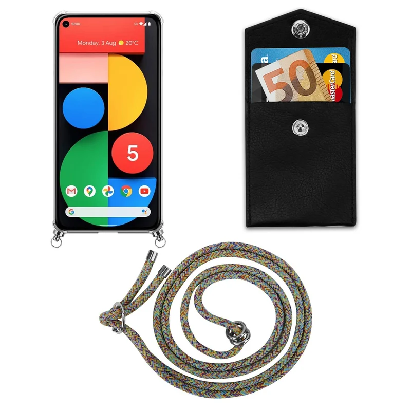 Cadorabo Handy Kette kompatibel mit Google PIXEL 5 Silikon Schutzhülle mit Silbernen Ringen, Kordel Band und abnehmbarem Etui