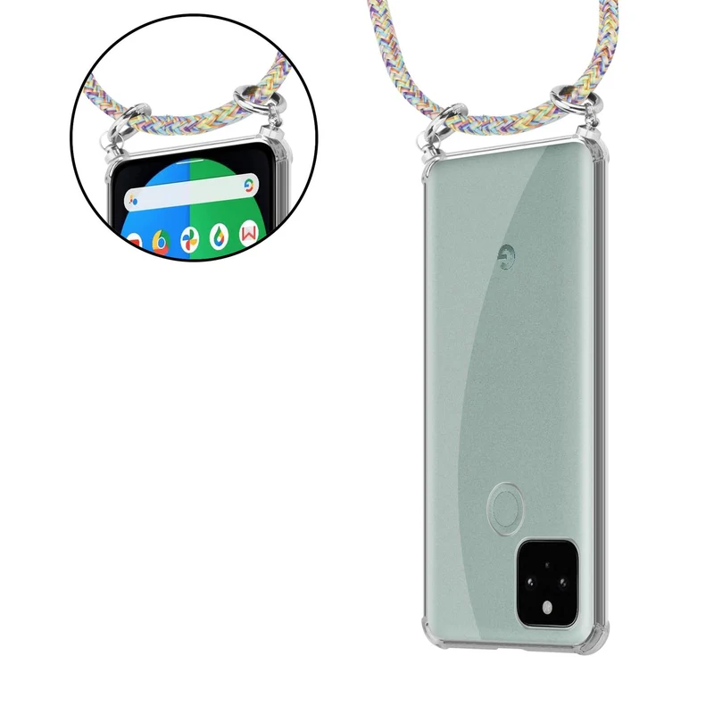 Cadorabo Handy Kette kompatibel mit Google PIXEL 5 Silikon Schutzhülle mit Silbernen Ringen, Kordel Band und abnehmbarem Etui