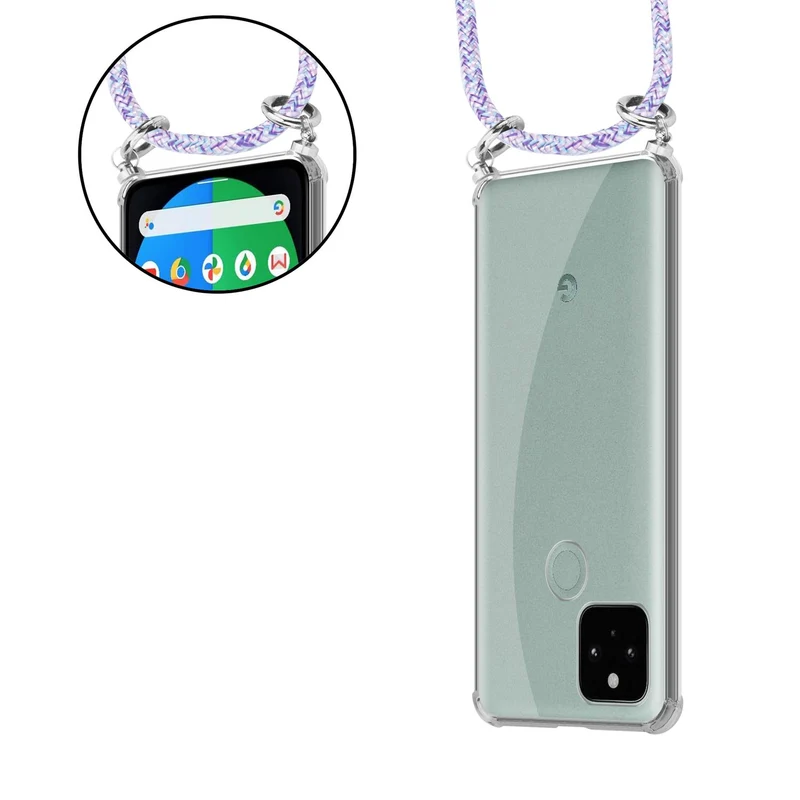 Cadorabo Handy Kette kompatibel mit Google PIXEL 5 Silikon Schutzhülle mit Silbernen Ringen, Kordel Band und abnehmbarem Etui