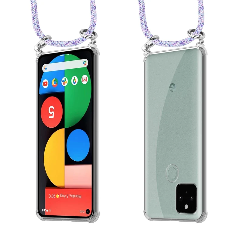 Cadorabo Handy Kette kompatibel mit Google PIXEL 5 Silikon Schutzhülle mit Silbernen Ringen, Kordel Band und abnehmbarem Etui
