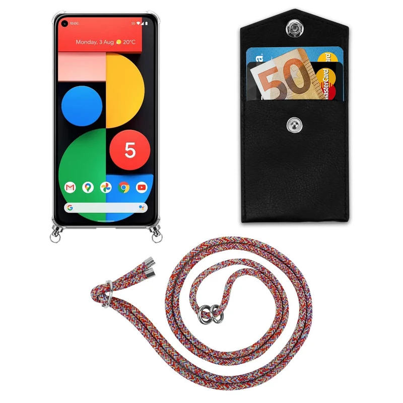 Cadorabo Handy Kette kompatibel mit Google PIXEL 5 Silikon Schutzhülle mit Silbernen Ringen, Kordel Band und abnehmbarem Etui
