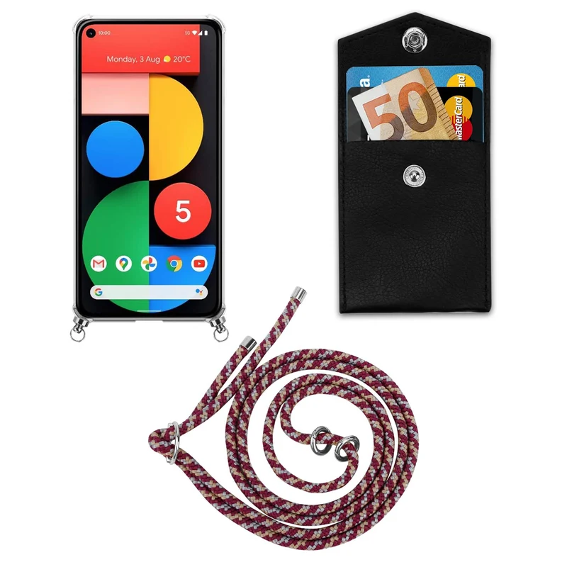 Cadorabo Handy Kette kompatibel mit Google PIXEL 5 Silikon Schutzhülle mit Silbernen Ringen, Kordel Band und abnehmbarem Etui