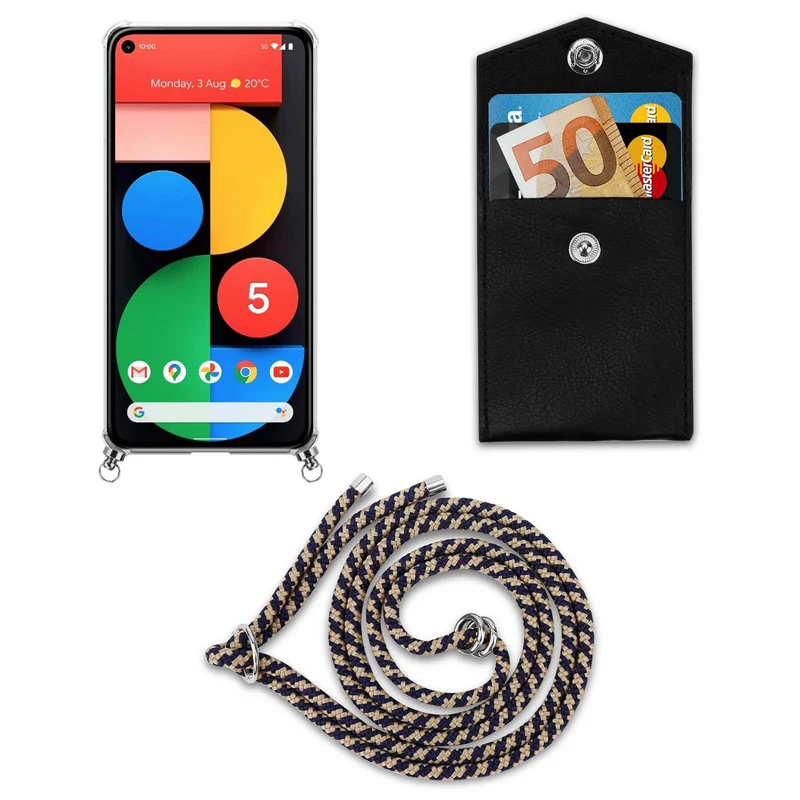 Cadorabo Handy Kette kompatibel mit Google PIXEL 5 Silikon Schutzhülle mit Silbernen Ringen, Kordel Band und abnehmbarem Etui