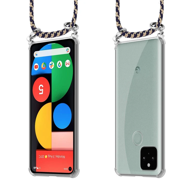 Cadorabo Handy Kette kompatibel mit Google PIXEL 5 Silikon Schutzhülle mit Silbernen Ringen, Kordel Band und abnehmbarem Etui