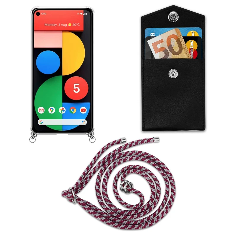 Cadorabo Handy Kette kompatibel mit Google PIXEL 5 Silikon Schutzhülle mit Silbernen Ringen, Kordel Band und abnehmbarem Etui
