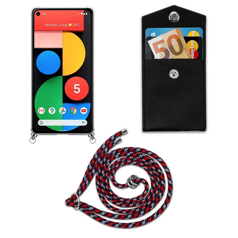 Cadorabo Handy Kette kompatibel mit Google PIXEL 5 Silikon Schutzhülle mit Silbernen Ringen, Kordel Band und abnehmbarem Etui