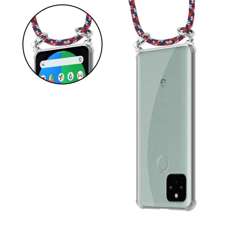 Cadorabo Handy Kette kompatibel mit Google PIXEL 5 Silikon Schutzhülle mit Silbernen Ringen, Kordel Band und abnehmbarem Etui