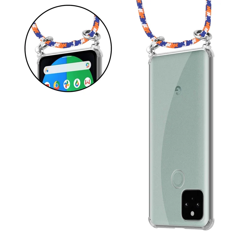 Cadorabo Handy Kette kompatibel mit Google PIXEL 5 Silikon Schutzhülle mit Silbernen Ringen, Kordel Band und abnehmbarem Etui