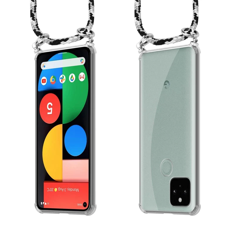 Cadorabo Handy Kette kompatibel mit Google PIXEL 5 Silikon Schutzhülle mit Silbernen Ringen, Kordel Band und abnehmbarem Etui