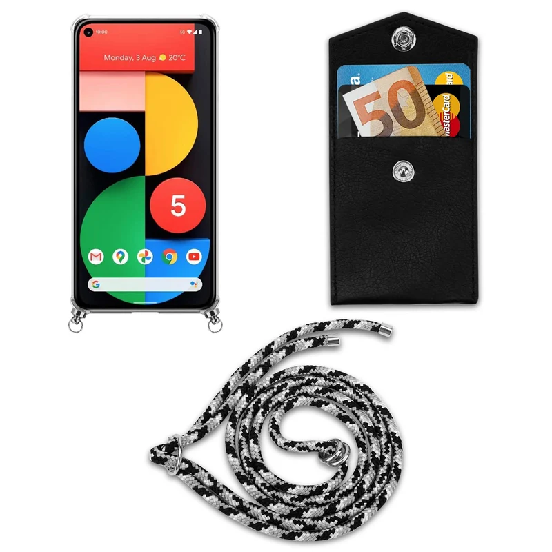 Cadorabo Handy Kette kompatibel mit Google PIXEL 5 Silikon Schutzhülle mit Silbernen Ringen, Kordel Band und abnehmbarem Etui