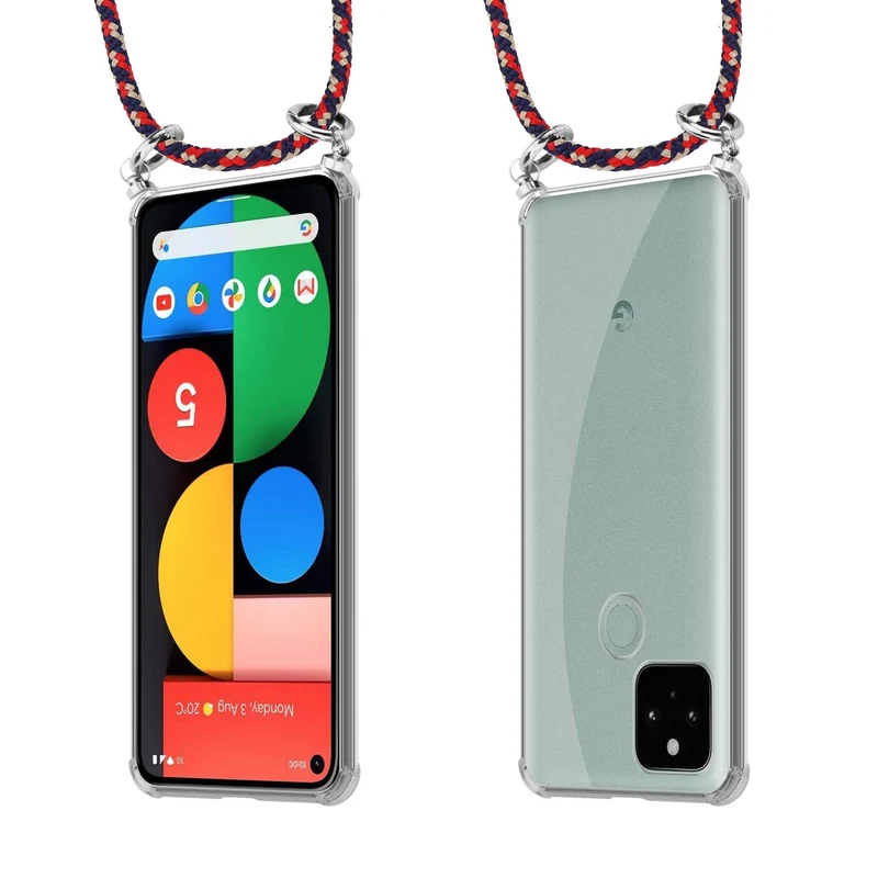 Cadorabo Handy Kette kompatibel mit Google PIXEL 5 Silikon Schutzhülle mit Silbernen Ringen, Kordel Band und abnehmbarem Etui