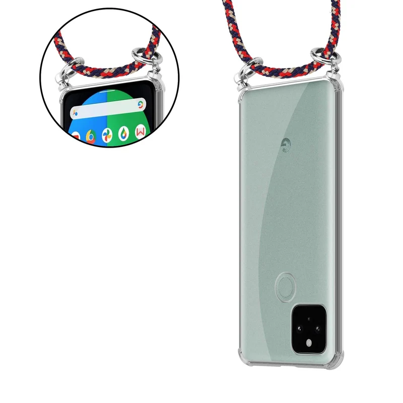 Cadorabo Handy Kette kompatibel mit Google PIXEL 5 Silikon Schutzhülle mit Silbernen Ringen, Kordel Band und abnehmbarem Etui