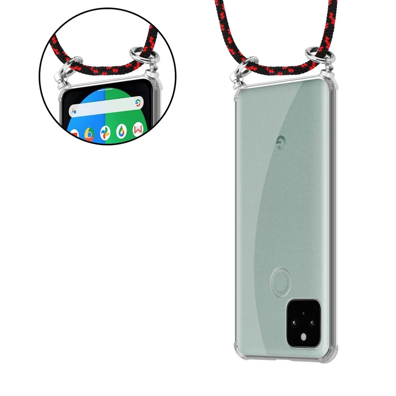 Cadorabo Handy Kette kompatibel mit Google PIXEL 5 Silikon Schutzhülle mit Silbernen Ringen, Kordel Band und abnehmbarem Etui