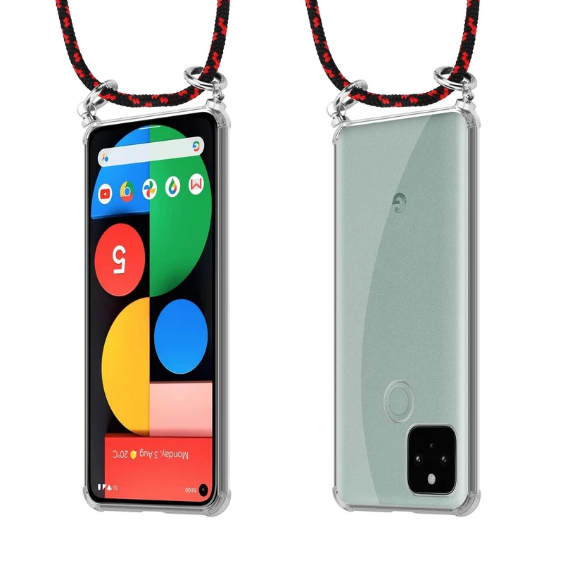 Cadorabo Handy Kette kompatibel mit Google PIXEL 5 Silikon Schutzhülle mit Silbernen Ringen, Kordel Band und abnehmbarem Etui