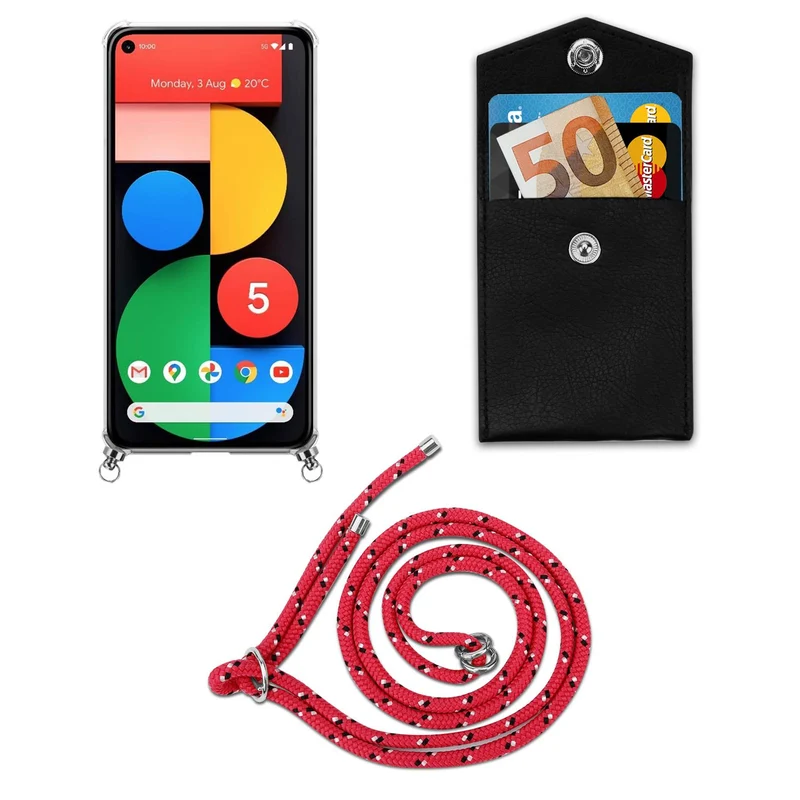 Cadorabo Handy Kette kompatibel mit Google PIXEL 5 Silikon Schutzhülle mit Silbernen Ringen, Kordel Band und abnehmbarem Etui