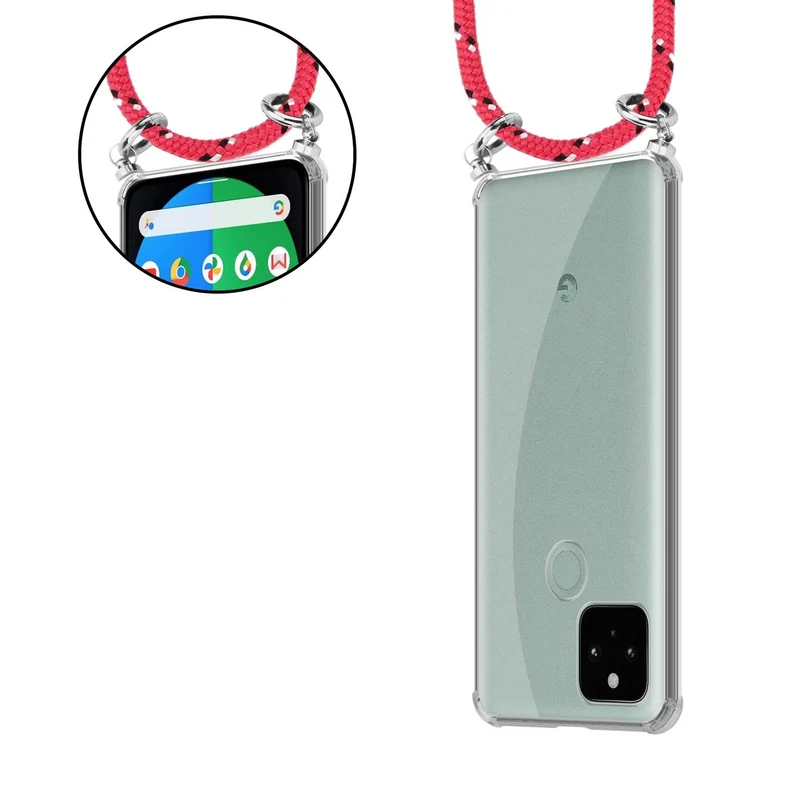 Cadorabo Handy Kette kompatibel mit Google PIXEL 5 Silikon Schutzhülle mit Silbernen Ringen, Kordel Band und abnehmbarem Etui