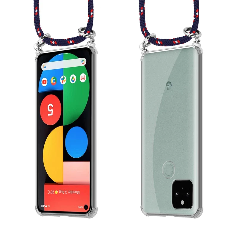 Cadorabo Handy Kette kompatibel mit Google PIXEL 5 Silikon Schutzhülle mit Silbernen Ringen, Kordel Band und abnehmbarem Etui