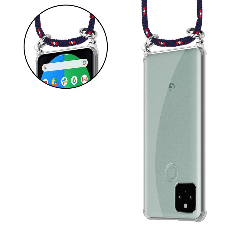 Cadorabo Handy Kette kompatibel mit Google PIXEL 5 Silikon Schutzhülle mit Silbernen Ringen, Kordel Band und abnehmbarem Etui