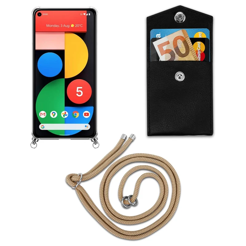 Cadorabo Handy Kette kompatibel mit Google PIXEL 5 Silikon Schutzhülle mit Silbernen Ringen, Kordel Band und abnehmbarem Etui