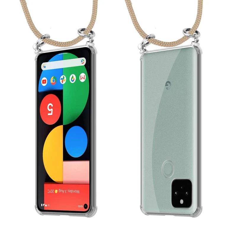 Cadorabo Handy Kette kompatibel mit Google PIXEL 5 Silikon Schutzhülle mit Silbernen Ringen, Kordel Band und abnehmbarem Etui