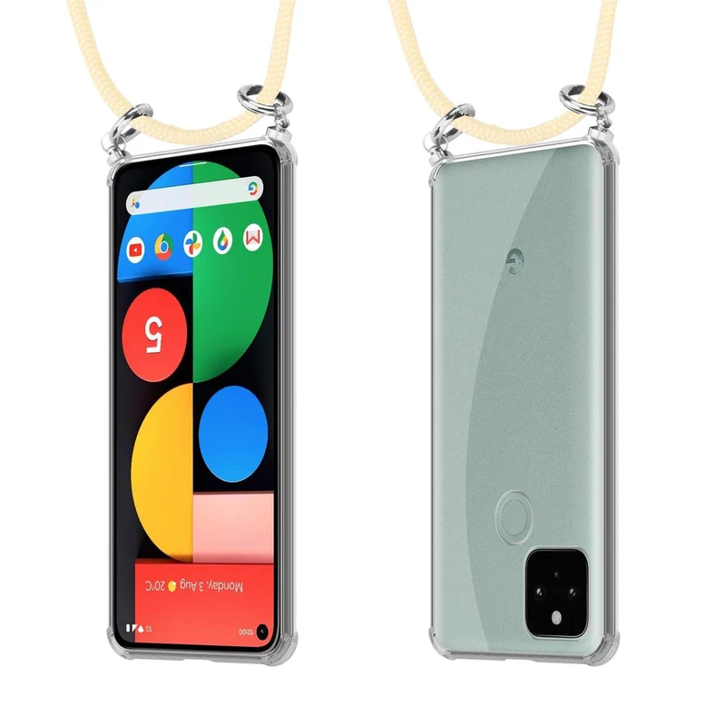 Cadorabo Handy Kette kompatibel mit Google PIXEL 5 Silikon Schutzhülle mit Silbernen Ringen, Kordel Band und abnehmbarem Etui