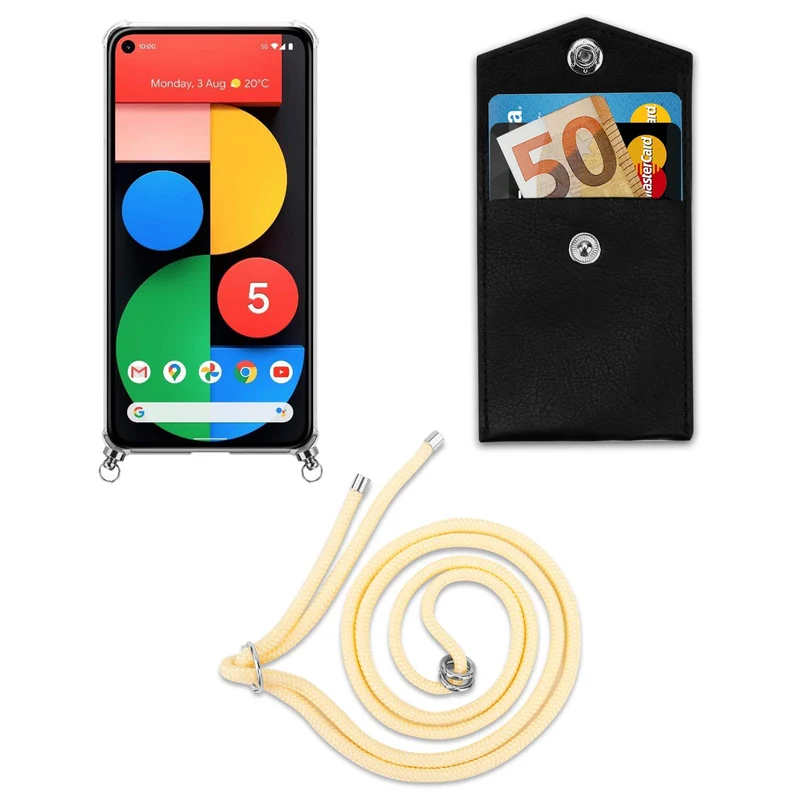 Cadorabo Handy Kette kompatibel mit Google PIXEL 5 Silikon Schutzhülle mit Silbernen Ringen, Kordel Band und abnehmbarem Etui