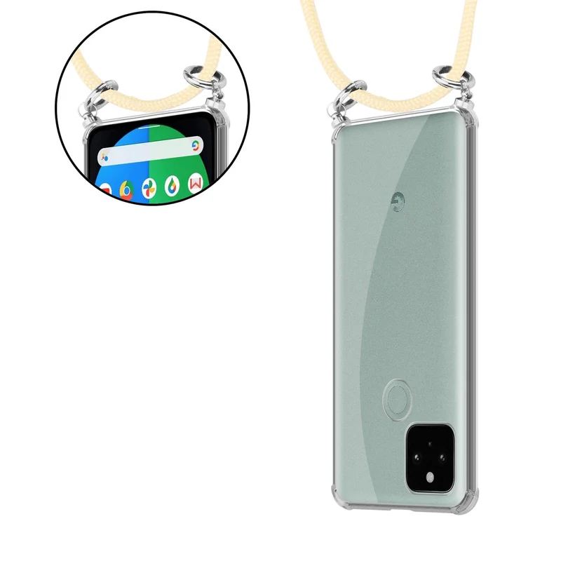 Cadorabo Handy Kette kompatibel mit Google PIXEL 5 Silikon Schutzhülle mit Silbernen Ringen, Kordel Band und abnehmbarem Etui