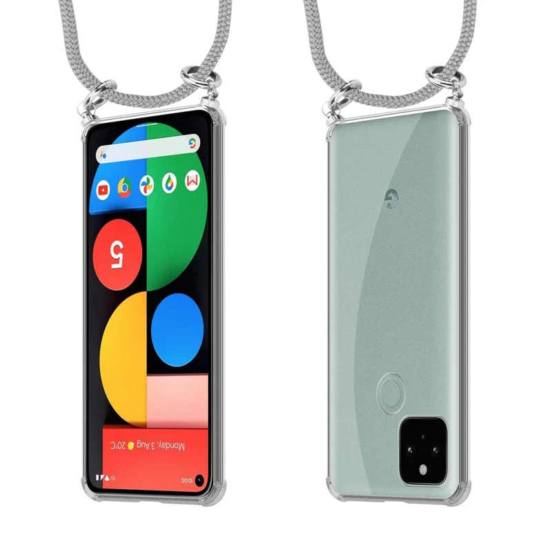 Cadorabo Handy Kette kompatibel mit Google PIXEL 5 Silikon Schutzhülle mit Silbernen Ringen, Kordel Band und abnehmbarem Etui