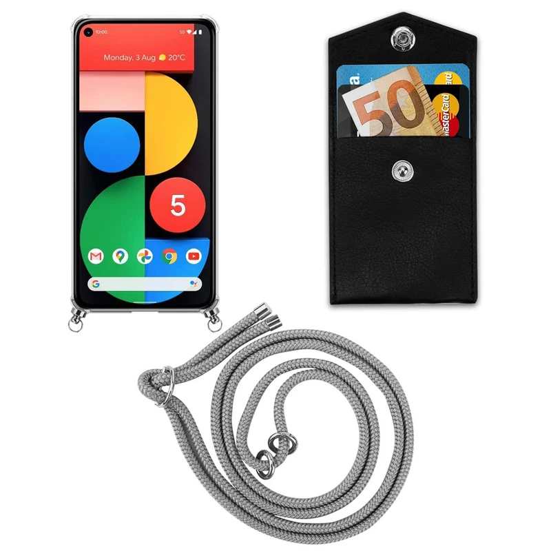 Cadorabo Handy Kette kompatibel mit Google PIXEL 5 Silikon Schutzhülle mit Silbernen Ringen, Kordel Band und abnehmbarem Etui