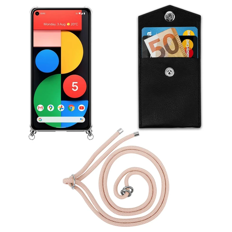 Cadorabo Handy Kette kompatibel mit Google PIXEL 5 Silikon Schutzhülle mit Silbernen Ringen, Kordel Band und abnehmbarem Etui