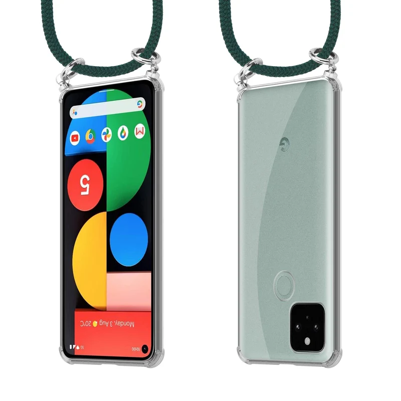 Cadorabo Handy Kette kompatibel mit Google PIXEL 5 Silikon Schutzhülle mit Silbernen Ringen, Kordel Band und abnehmbarem Etui