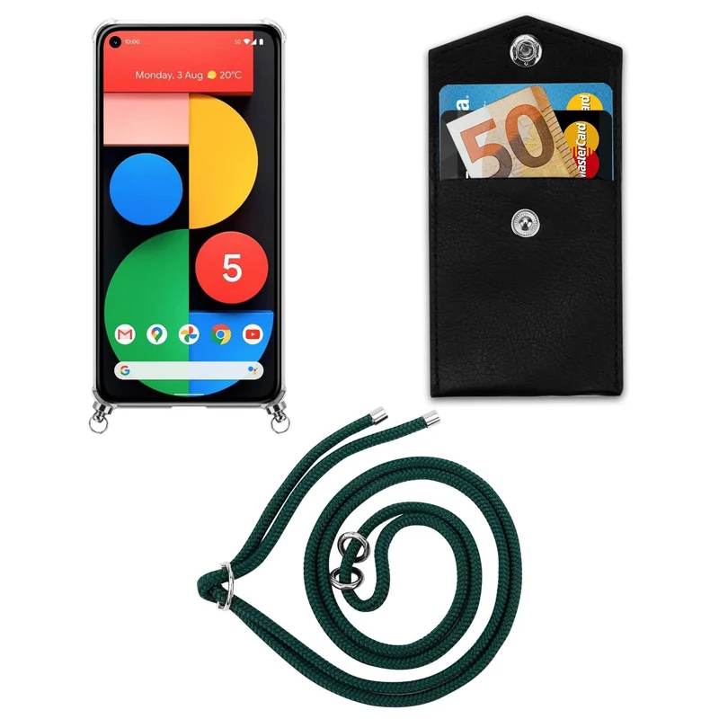 Cadorabo Handy Kette kompatibel mit Google PIXEL 5 Silikon Schutzhülle mit Silbernen Ringen, Kordel Band und abnehmbarem Etui