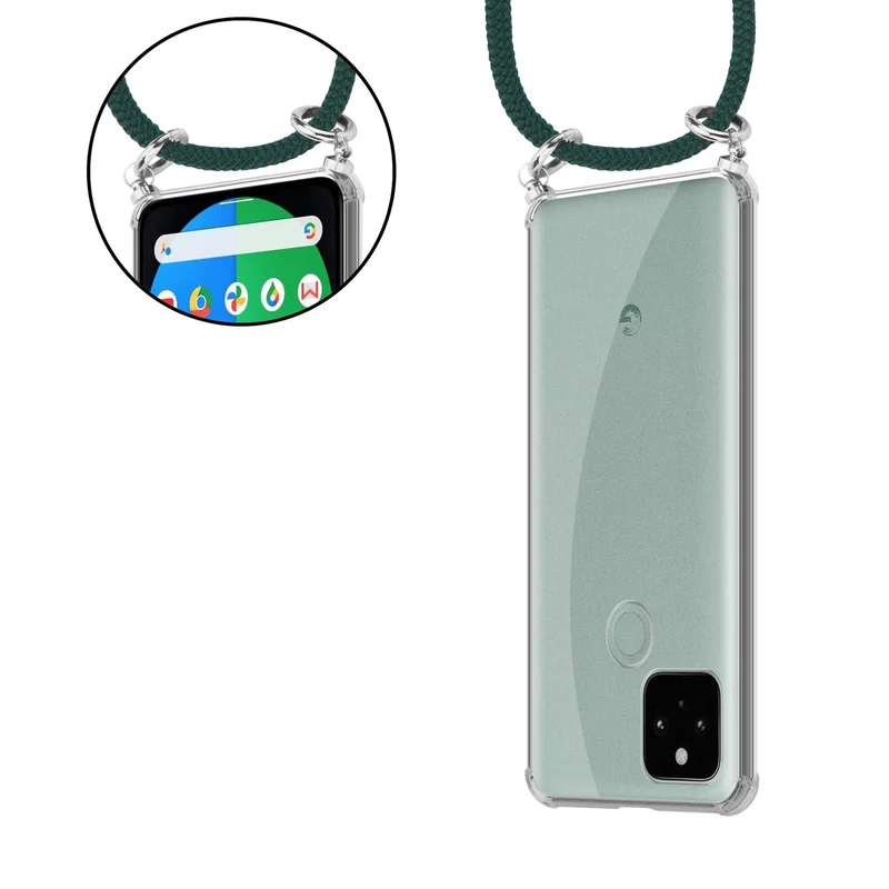 Cadorabo Handy Kette kompatibel mit Google PIXEL 5 Silikon Schutzhülle mit Silbernen Ringen, Kordel Band und abnehmbarem Etui