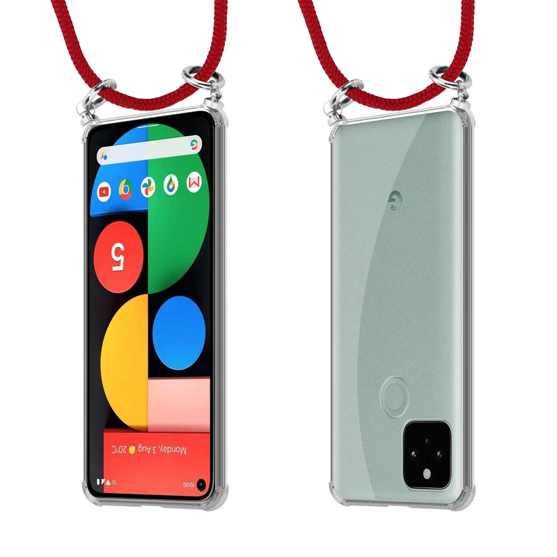 Cadorabo Handy Kette kompatibel mit Google PIXEL 5 Silikon Schutzhülle mit Silbernen Ringen, Kordel Band und abnehmbarem Etui