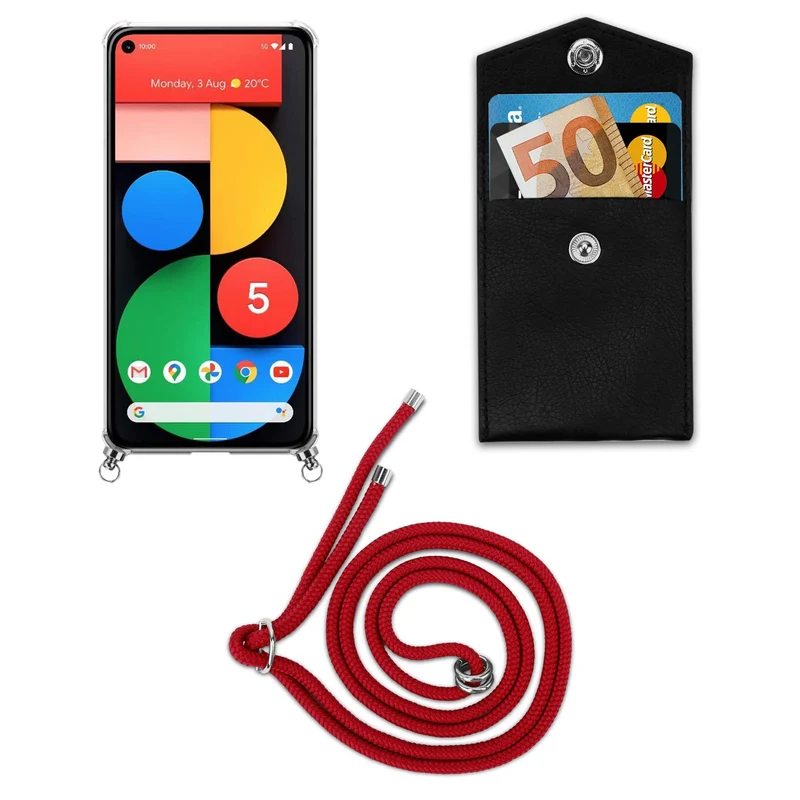 Cadorabo Handy Kette kompatibel mit Google PIXEL 5 Silikon Schutzhülle mit Silbernen Ringen, Kordel Band und abnehmbarem Etui
