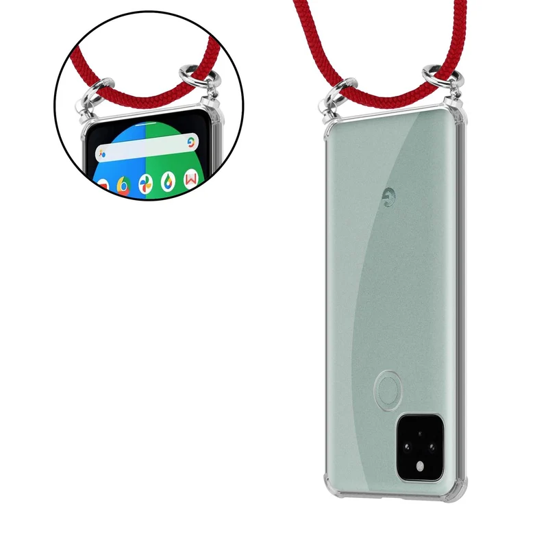 Cadorabo Handy Kette kompatibel mit Google PIXEL 5 Silikon Schutzhülle mit Silbernen Ringen, Kordel Band und abnehmbarem Etui