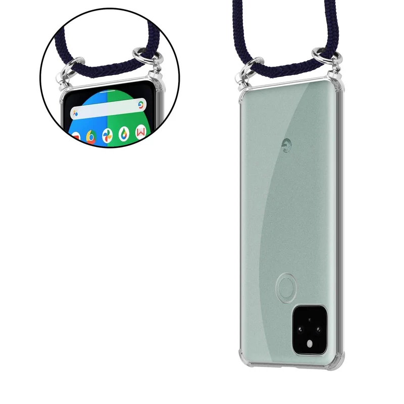 Cadorabo Handy Kette kompatibel mit Google PIXEL 5 Silikon Schutzhülle mit Silbernen Ringen, Kordel Band und abnehmbarem Etui