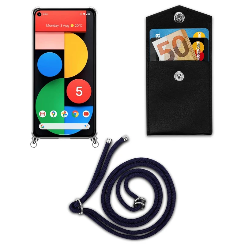 Cadorabo Handy Kette kompatibel mit Google PIXEL 5 Silikon Schutzhülle mit Silbernen Ringen, Kordel Band und abnehmbarem Etui