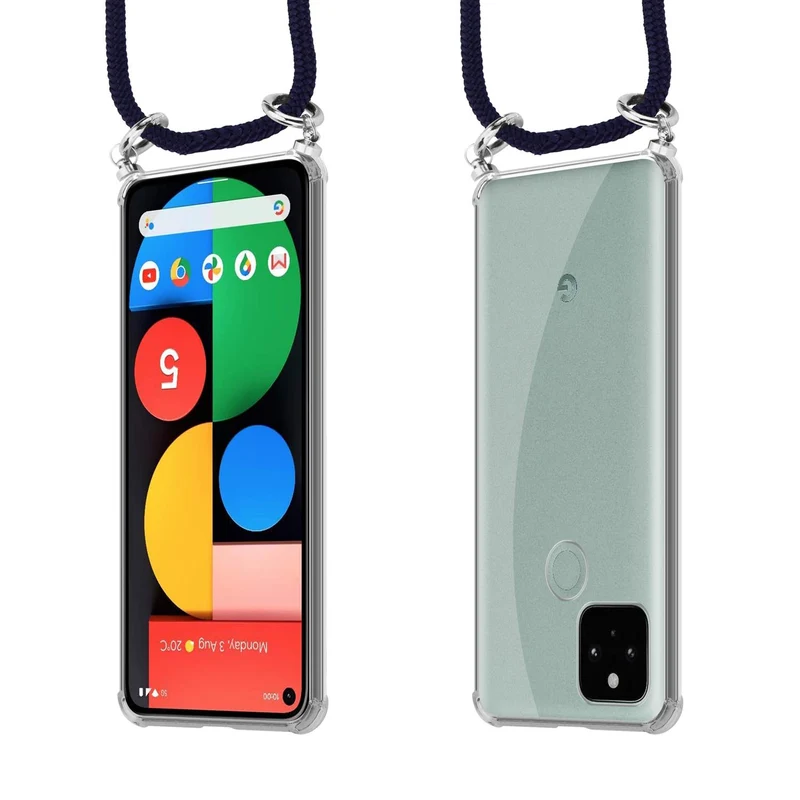 Cadorabo Handy Kette kompatibel mit Google PIXEL 5 Silikon Schutzhülle mit Silbernen Ringen, Kordel Band und abnehmbarem Etui