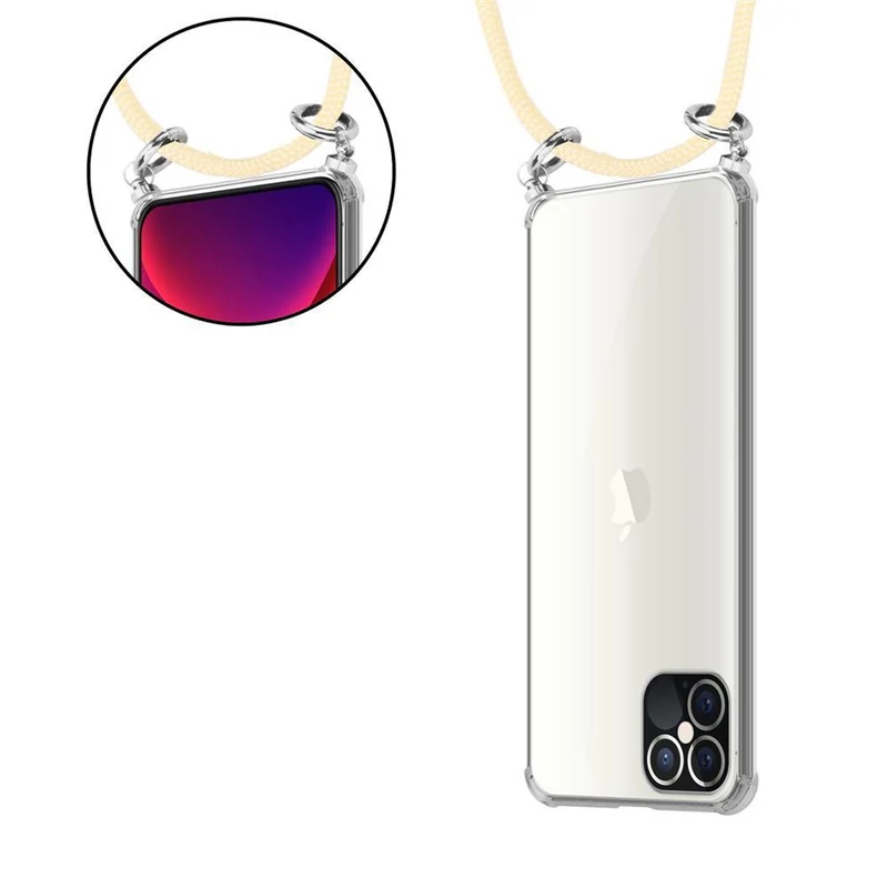 Cadorabo Handy Kette kompatibel mit Apple iPhone 12 PRO MAX Silikon Schutzhülle mit Silbernen Ringen, Kordel Band und abnehmbarem Etui