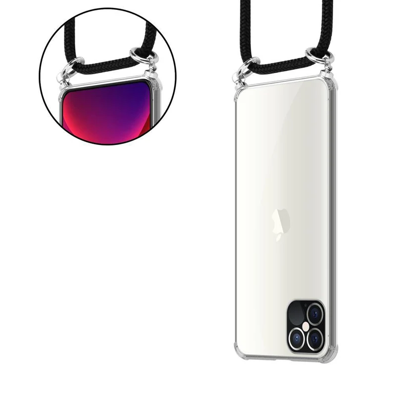 Cadorabo Handy Kette kompatibel mit Apple iPhone 12 / 12 PRO Silikon Schutzhülle mit Silbernen Ringen, Kordel Band und abnehmbarem Etui