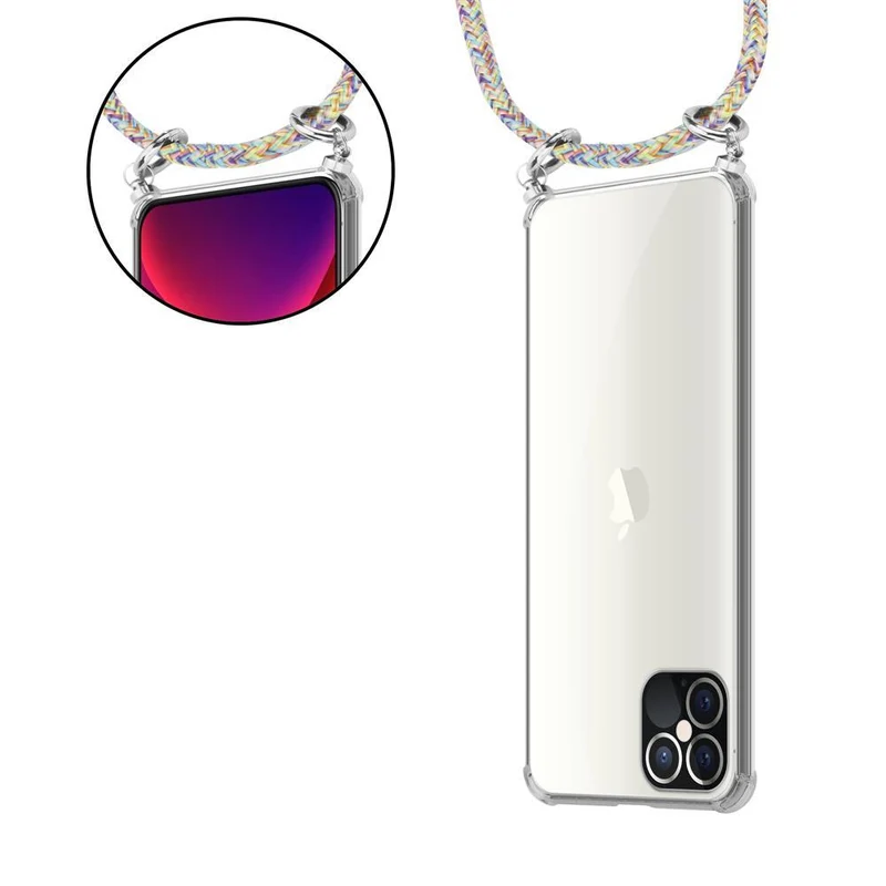 Cadorabo Handy Kette kompatibel mit Apple iPhone 12 / 12 PRO Silikon Schutzhülle mit Silbernen Ringen, Kordel Band und abnehmbarem Etui