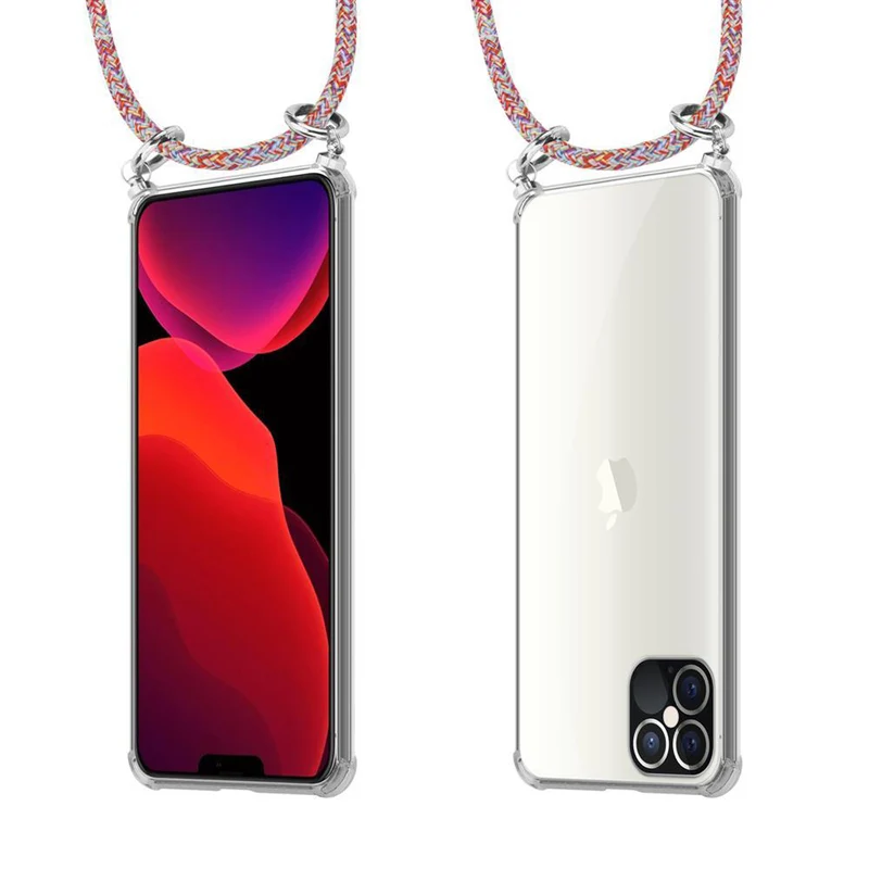 Cadorabo Handy Kette kompatibel mit Apple iPhone 12 / 12 PRO Silikon Schutzhülle mit Silbernen Ringen, Kordel Band und abnehmbarem Etui