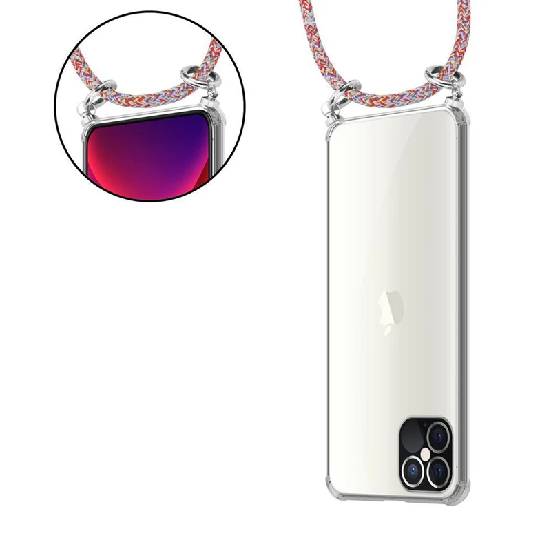 Cadorabo Handy Kette kompatibel mit Apple iPhone 12 / 12 PRO Silikon Schutzhülle mit Silbernen Ringen, Kordel Band und abnehmbarem Etui