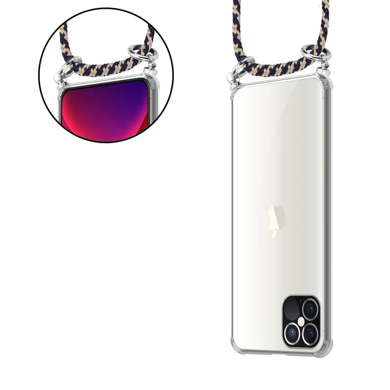 Cadorabo Handy Kette kompatibel mit Apple iPhone 12 / 12 PRO Silikon Schutzhülle mit Silbernen Ringen, Kordel Band und abnehmbarem Etui