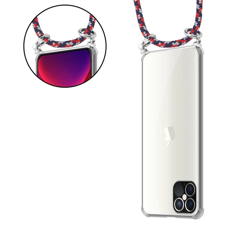 Cadorabo Handy Kette kompatibel mit Apple iPhone 12 / 12 PRO Silikon Schutzhülle mit Silbernen Ringen, Kordel Band und abnehmbarem Etui